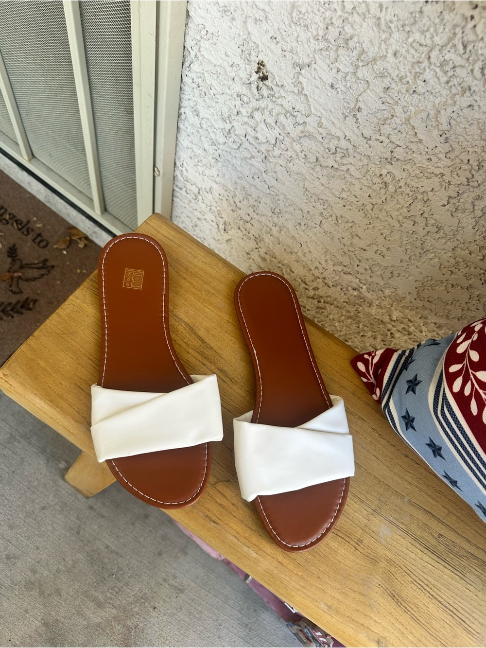 Women's White Twist-Band Slide Sandals with Brown Footbed